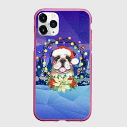 Чехол iPhone 11 Pro матовый Новогодний пёс, цвет: 3D-малиновый