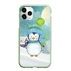 Чехол iPhone 11 Pro матовый Новогодний пингвин, цвет: 3D-салатовый