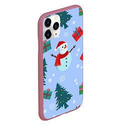 Чехол iPhone 11 Pro матовый Снеговики с новогодними подарками паттерн, цвет: 3D-малиновый — фото 2
