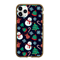Чехол iPhone 11 Pro матовый Снеговички с рождественскими оленями и елками, цвет: 3D-коричневый
