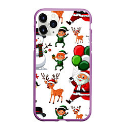 Чехол iPhone 11 Pro матовый Зимний праздник - деды морозы гномы олени, цвет: 3D-фиолетовый