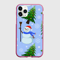 Чехол iPhone 11 Pro матовый Снеговики с новогодними елками паттерн, цвет: 3D-малиновый
