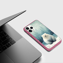 Чехол iPhone 11 Pro матовый Мишка в зимнем лесу в стиле фолк-арт, цвет: 3D-малиновый — фото 2