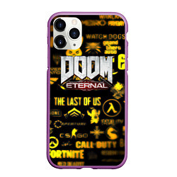 Чехол iPhone 11 Pro матовый Doom золотые логотипы игр, цвет: 3D-фиолетовый