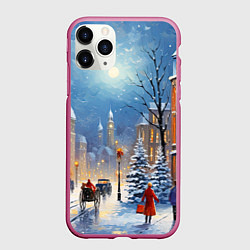 Чехол iPhone 11 Pro матовый Новогодний городской пейзаж, цвет: 3D-малиновый