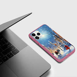 Чехол iPhone 11 Pro матовый Новогодний городской пейзаж, цвет: 3D-малиновый — фото 2