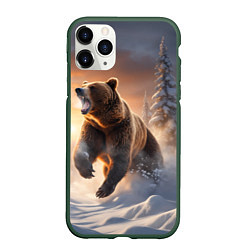 Чехол iPhone 11 Pro матовый Бурый медведь в лесу, цвет: 3D-темно-зеленый