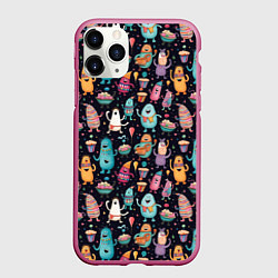 Чехол iPhone 11 Pro матовый Весёлые монстры на вечеринке, цвет: 3D-малиновый