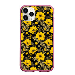 Чехол iPhone 11 Pro матовый Желтые цветы на черном фоне паттерн, цвет: 3D-малиновый