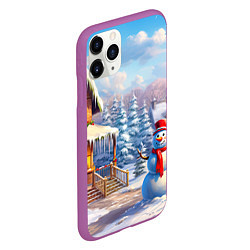 Чехол iPhone 11 Pro матовый Новогодняя деревня и снеговик, цвет: 3D-фиолетовый — фото 2