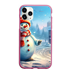 Чехол iPhone 11 Pro матовый Снеговик новогодний, цвет: 3D-малиновый