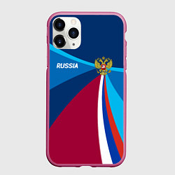 Чехол iPhone 11 Pro матовый Герб и триколор России с геометрией, цвет: 3D-малиновый
