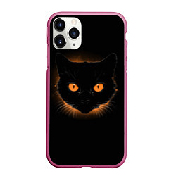 Чехол iPhone 11 Pro матовый Портрет черного кота в оранжевом свечении, цвет: 3D-малиновый