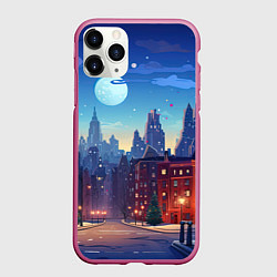 Чехол iPhone 11 Pro матовый Ночной новогодний город, цвет: 3D-малиновый