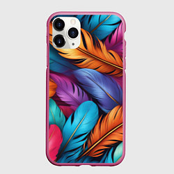 Чехол iPhone 11 Pro матовый Перья паттерн - нейросеть, цвет: 3D-малиновый