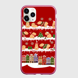 Чехол iPhone 11 Pro матовый Капибара с семьей на Новый год, цвет: 3D-малиновый