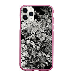 Чехол iPhone 11 Pro матовый Чёрно белый цветочны узор, цвет: 3D-малиновый