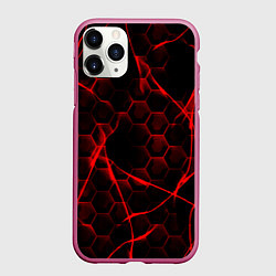 Чехол iPhone 11 Pro матовый Красные узоры шестиугольник, цвет: 3D-малиновый