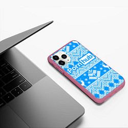 Чехол iPhone 11 Pro матовый Порнхаб - новогодний синий паттерн, цвет: 3D-малиновый — фото 2