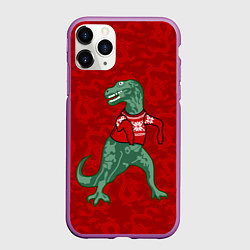 Чехол iPhone 11 Pro матовый Динозавр в свитере - новогодние драконы, цвет: 3D-фиолетовый