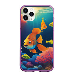 Чехол iPhone 11 Pro матовый Оранжевые рыбки и кораллы под водой, цвет: 3D-фиолетовый