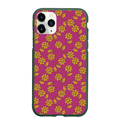 Чехол iPhone 11 Pro матовый Желтые цветы на розовом - паттерн, цвет: 3D-темно-зеленый