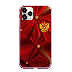 Чехол iPhone 11 Pro матовый Золотой герб России на красной абстракции, цвет: 3D-розовый