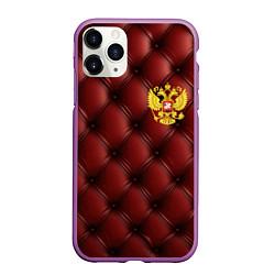 Чехол iPhone 11 Pro матовый Золотой герб России на красном кожаном фоне, цвет: 3D-фиолетовый