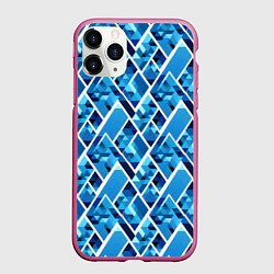 Чехол iPhone 11 Pro матовый Синие треугольники и белые полосы, цвет: 3D-малиновый