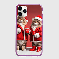 Чехол iPhone 11 Pro матовый С новым котом - два кота в костюмах Санты, цвет: 3D-фиолетовый
