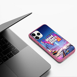Чехол iPhone 11 Pro матовый GTA 6 неоновый город, цвет: 3D-малиновый — фото 2