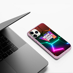 Чехол iPhone 11 Pro матовый GTA 6 лого на фоне разлома разноцветных плит, цвет: 3D-розовый — фото 2