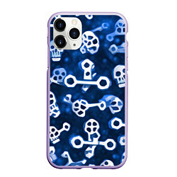 Чехол iPhone 11 Pro матовый Белые черепки и кости на синем, цвет: 3D-светло-сиреневый