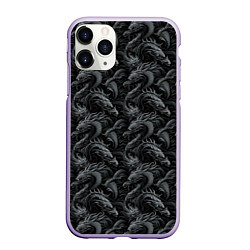Чехол iPhone 11 Pro матовый Черные драконы паттерн, цвет: 3D-светло-сиреневый