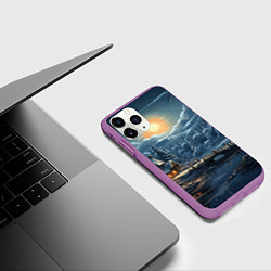 Чехол iPhone 11 Pro матовый Новогодние домики в лесу, цвет: 3D-фиолетовый — фото 2
