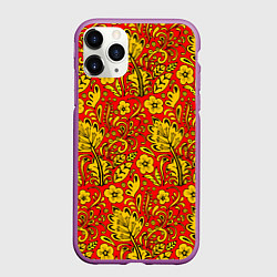 Чехол iPhone 11 Pro матовый Хохломская роспись золотистые цветы на красном фон, цвет: 3D-фиолетовый