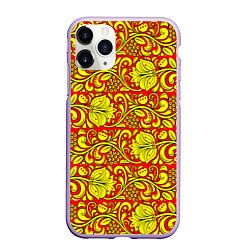 Чехол iPhone 11 Pro матовый Хохломская роспись золотистые цветы и ягоды на кра, цвет: 3D-светло-сиреневый
