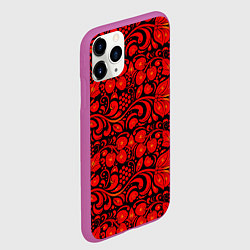 Чехол iPhone 11 Pro матовый Хохломская роспись красные цветы и ягоды на чёрном, цвет: 3D-фиолетовый — фото 2