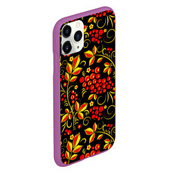 Чехол iPhone 11 Pro матовый Хохломская роспись золотистые листья чёрном фоне, цвет: 3D-фиолетовый — фото 2