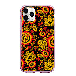Чехол iPhone 11 Pro матовый Хохломская роспись золотистые листья и цветы чёрно