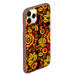 Чехол iPhone 11 Pro матовый Хохломская роспись золотистые листья и цветы чёрно, цвет: 3D-коричневый — фото 2