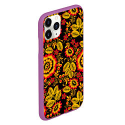 Чехол iPhone 11 Pro матовый Хохломская роспись золотистые листья и цветы чёрно, цвет: 3D-фиолетовый — фото 2
