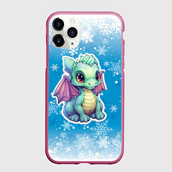 Чехол iPhone 11 Pro матовый Маленький синий дракон на фоне снежинок, цвет: 3D-малиновый