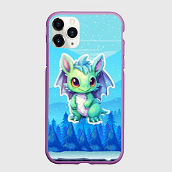 Чехол iPhone 11 Pro матовый Маленький зеленый дракон на фоне синих елок, цвет: 3D-фиолетовый