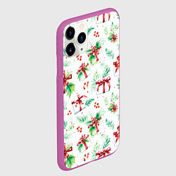 Чехол iPhone 11 Pro матовый Елочные ветки и подарки с красным бантом акварелью, цвет: 3D-фиолетовый — фото 2
