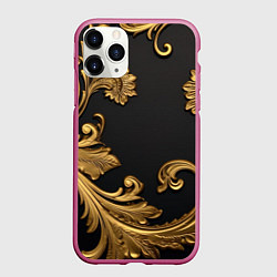 Чехол iPhone 11 Pro матовый Лепнина золотые объемные узоры, цвет: 3D-малиновый
