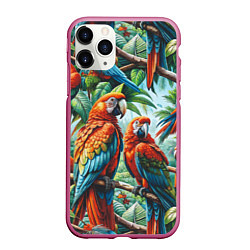 Чехол iPhone 11 Pro матовый Попугаи Ара - тропики джунгли, цвет: 3D-малиновый