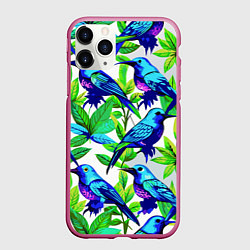 Чехол iPhone 11 Pro матовый Паттерн маленькое синее колибри, цвет: 3D-малиновый