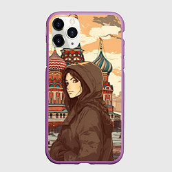 Чехол iPhone 11 Pro матовый Русская девушка на фоне Москвы, цвет: 3D-фиолетовый