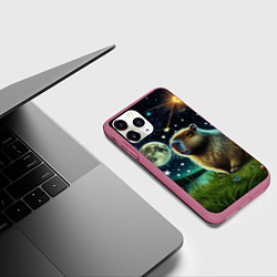 Чехол iPhone 11 Pro матовый Капибара прогулки в полнолуние, цвет: 3D-малиновый — фото 2